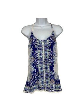 Blue & White Boho Print Womens Sleeveless Halter Top XS Lightweight